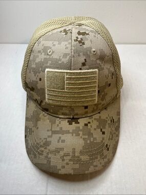 Men's Desert Digital Camo Trucker Hat with Flag Patch - Tan